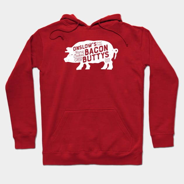 Onslow's Bacon Butty - Pig Design (White on Red) Hoodie by jepegdesign